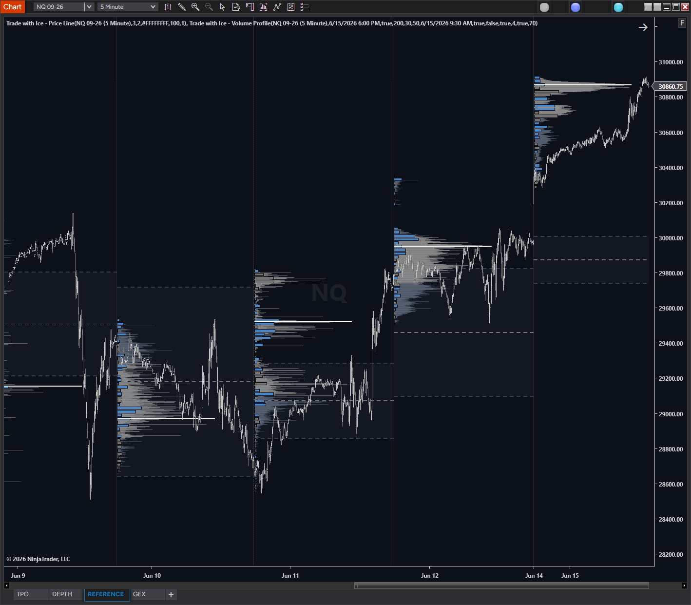 Volume Profile indicator showing session profile with POC and Value Area